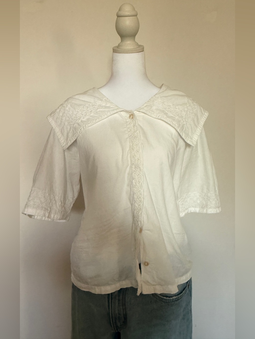 Vintage Cornell Trading White Embroidered Sailor Collar Top - 100% Cotton